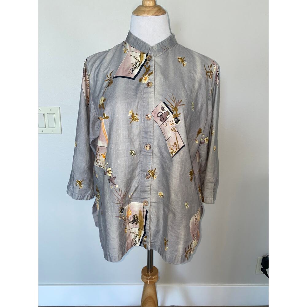 Citron Button Front Blouse Cotton/Linen 3/4 Sleeves size Medium